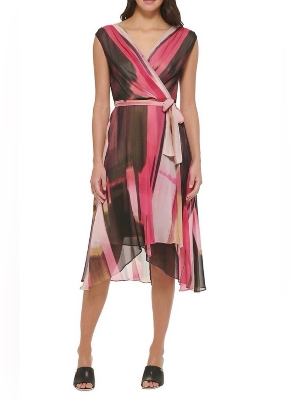 DKNY Pink Chiffon Sleeveless VNeck Wrap Midi Dress Tie Waist Abstract Watercolor